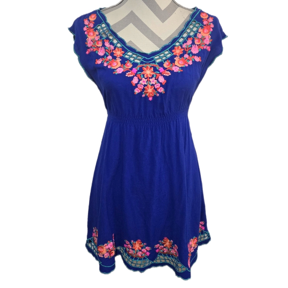 TWENTYONE Blue Embroidered Floral Mini Dress Small Pink Red Light Blue
